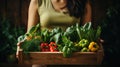 A woman in a serene garden setting, meticulously harvesting fresh, organic vegetables. Close-up shows the green bounty, reflecting