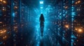 Woman in server room with digital lights - generative ai