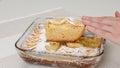 Woman serving apple cake. Fresh baked apple cake with biscuit base and sliced apples topping close up