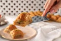 Woman serving delicious sweet baklava at table, closeup