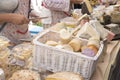 Woman Serving Fresh Cheese At Farmers Food Market Royalty Free Stock Photo