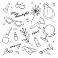 Woman set. Beauty accessories and cosmetic products. Skin care collection. You are beautiful and amazing. Hand drawn doodle vector