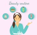 Woman with a set of items for beauty daily routine spa procedures at home, beauty treatment Royalty Free Stock Photo