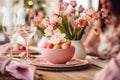 woman setting table for Easter dinner . ai generated Royalty Free Stock Photo