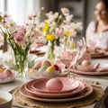woman setting table for Easter dinner . ai generated Royalty Free Stock Photo