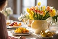 woman setting table for Easter dinner . ai generated Royalty Free Stock Photo