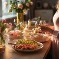 woman setting table for Easter dinner . ai generated Royalty Free Stock Photo