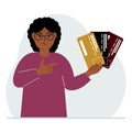 A woman with several plastic cards. The concept of multiple loans, the burden of credit cards and banking fees over a