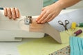 Woman sewing cloth mask with machine at table, closeup. Personal protective equipment during COVID-19 pandemic