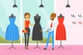 Woman Sewing Clothes at Tailor, Man Dressmaker Making Dress Cartoon Vector Illustration