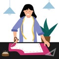 A woman is sewing a dress. A girl makes a pattern for a dress. Illustration for sewing