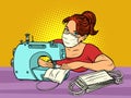 A woman sews medical masks. Clothing manufacture