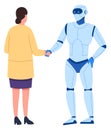 Woman shaking hands with robot. Cyber human friendship