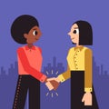 Woman shaking hands vector background (african american and brunette bob hairstyle). Royalty Free Stock Photo