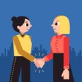 Women shaking hands vector background. Female handshake cartoon minimalistic style.