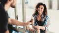 Woman in Shirt Buying Ice Cream in Food Truck.