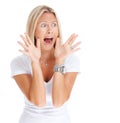 Woman, shocked or scream in studio phobia or scared, omg news emoji or terror. Female model person, horror face or shout