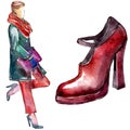 Woman and shoe sketch glamour illustration in a watercolor style isolated element. Watercolour background set.