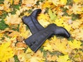 Woman shoes and boots lay on lawn with falling yellow autumn leaves, autumn shoes sale concept, top view Royalty Free Stock Photo