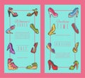 Woman shoes elegant high pair footwear banner vector illustration. Stiletto fashionable girl heel poster. Trend