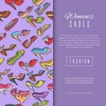 Woman shoes elegant high pair footwear banner vector illustration. Stiletto fashionable girl heel poster. Trend