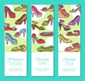 Woman shoes elegant high pair footwear banner vector illustration. Stiletto fashionable girl heel poster. Trend