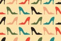 Woman Shoes seamless pattern. Silhouette of different color high heeled on yellow background. Stylish elegant female shoes. Vector Royalty Free Stock Photo