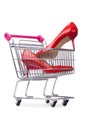 Woman shoes in shopping cart on white Royalty Free Stock Photo