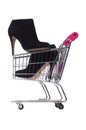 Woman shoes in shopping cart on white Royalty Free Stock Photo