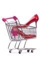 Woman shoes in shopping cart on white Royalty Free Stock Photo