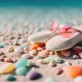 Woman shoes and stylish pink sunglasses on the sand and beach pebbles. Beach vacation concept background. Created with generative