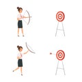 Woman shooting target. Business lady win, manager holding bow and arrows. Girl hit goal vector concept Royalty Free Stock Photo