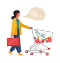 Woman with shop cart. Girl in supermarket looking for discounts. Vector illustration cartoon character Royalty Free Stock Photo