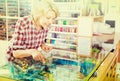 Woman in shop with sewing goods Royalty Free Stock Photo