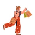 Woman shopper with bag run to supermarket or store