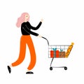 Woman shopper with shopping cart. Modern female character with trolley full of gifts and presents in supermarket or mall, flat