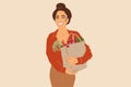 Woman with shopping bag full of fresh groceries on the color background