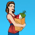 Woman with Shopping Bag. Girl with Groceries Healthy Food