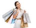 Woman with shopping bag, retail and fashion portrait, store sale and isolated against white background. Shopping
