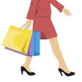 Woman with shopping bags, lower half waist down illustration of legs in high heels and colorful shopping bags.