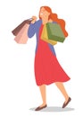 Woman is standing with shopping bags. Young fashion happy girl picks up multi-colored packages