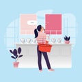 Woman with shopping basket confused to choose color. Vector illustration in flat style