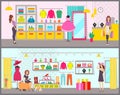 Woman Shopping in Brand Clothes Boutique Vector