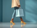 woman shopping carrying shopping bags, detail of legs and bags