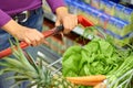 Woman, shopping cart and customer with grocery, vegetables or fruit and healthy food for diet, nutrition and supermarket Royalty Free Stock Photo