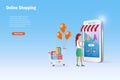 Woman with shopping cart enjoy online shopping on smartphone. Online shopping, e commerce and e store concept