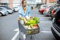 Woman with shopping cart full of food outdooors Royalty Free Stock Photo