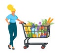 woman with shopping cart full of products Royalty Free Stock Photo