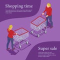 Woman with a shopping cart in isometric view. Royalty Free Stock Photo