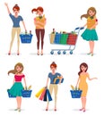 Woman shopping character set. Female shopper vector cartoon characters Royalty Free Stock Photo